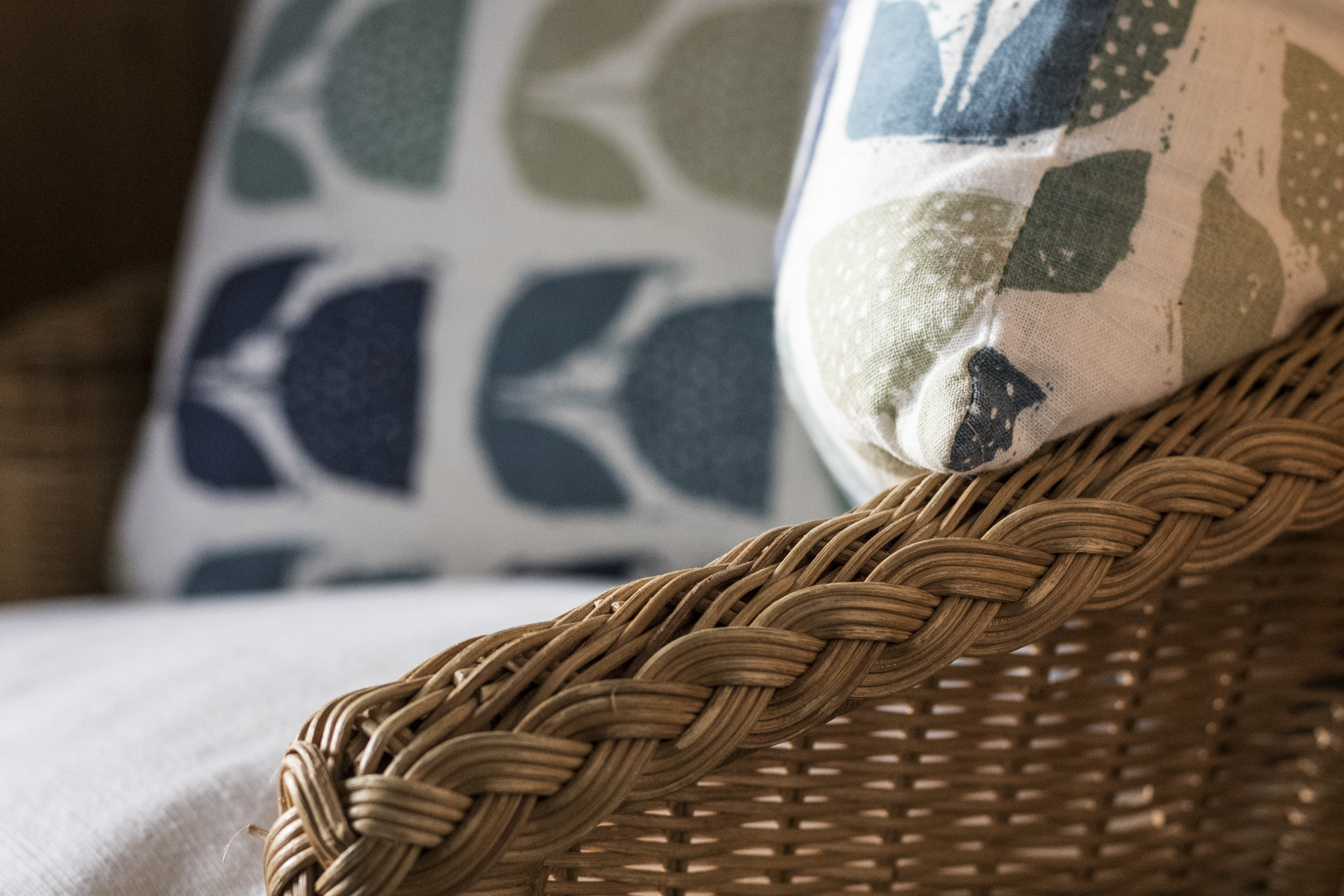 detailed shot of wicker chair completed by two beautiful cushions